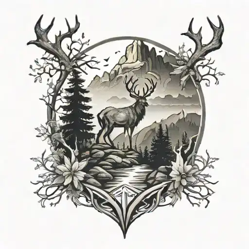 Tattoo model, a mountainous setting, a forest, a deer head, a small A in Gothic, XX in Roman numerals tattoo design idea