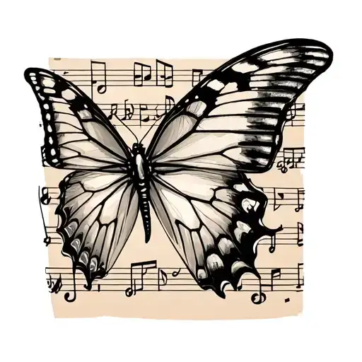 A realistic butterfly resting on a musical note tattoo design idea