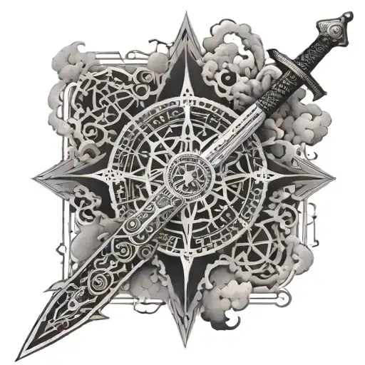 Intricate sword design incorporating Enochian symbols, surrounded by a celestial sky and clouds in a black-grey style tattoo design idea