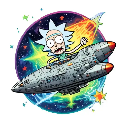 Rick and Morty in space with a broken spaceship tattoo design idea