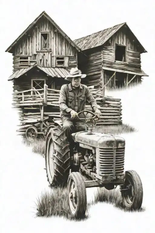 farmer with straw hat on old tractor in front of old wooden barn  tattoo design idea