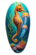 undersea coral reef scene with vibrant coral, tall swaying kelp, a delicate seahorse, and two jellyfish tattoo design idea