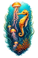 undersea coral reef scene with vibrant coral, tall swaying kelp, a delicate seahorse, and two jellyfish tattoo design idea