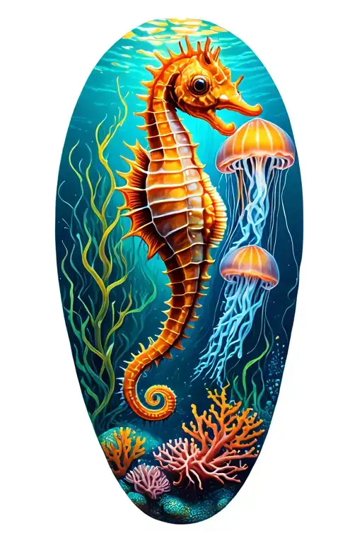 undersea coral reef scene with vibrant coral, tall swaying kelp, a delicate seahorse, and two jellyfish tattoo design idea