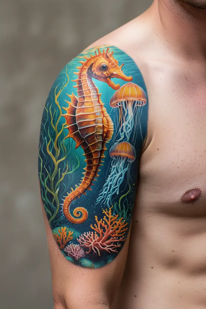 undersea coral reef scene with vibrant coral, tall swaying kelp, a delicate seahorse, and two jellyfish tattoo design idea