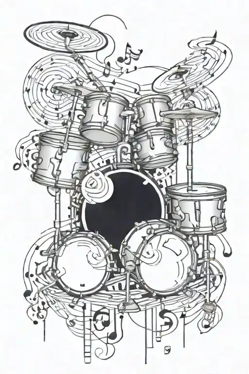 A tattoo design featuring a drum set surrounded by musical notes and a treble clef tattoo design idea