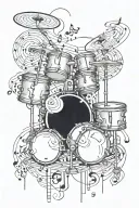 A tattoo design featuring a drum set surrounded by musical notes and a treble clef tattoo design idea