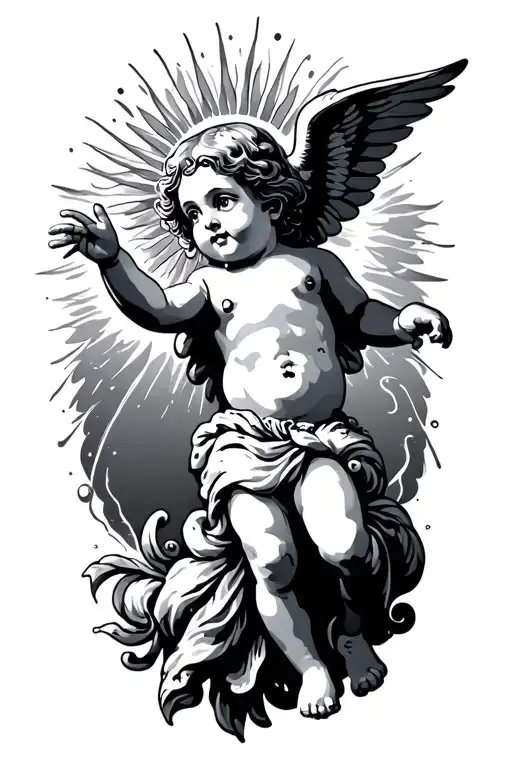 small flying cherub reaching for the sun tattoo design idea