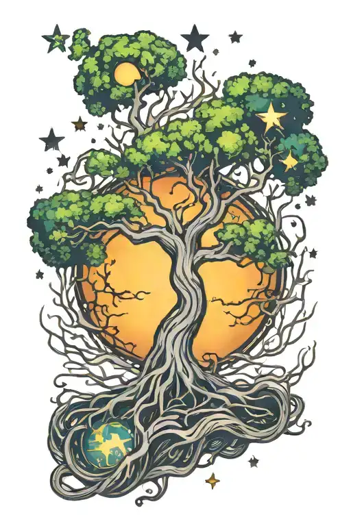 A tattoo of Yggdrasil, the World Tree, with its branches reaching into the universe and stars shining through its leaves tattoo design idea