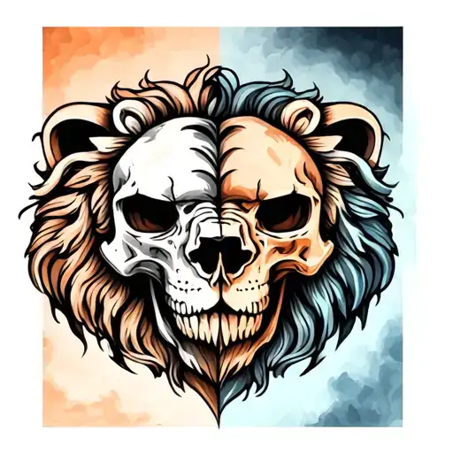 half human skull half lion face color tattoo tattoo design idea