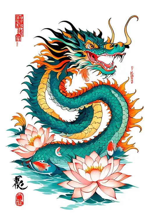 Japanese dragon with lotus flowers and fish and leon fu tattoo design idea