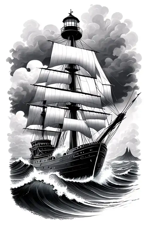 ship near lighthouse standing tall amidst crashing waves tattoo design idea