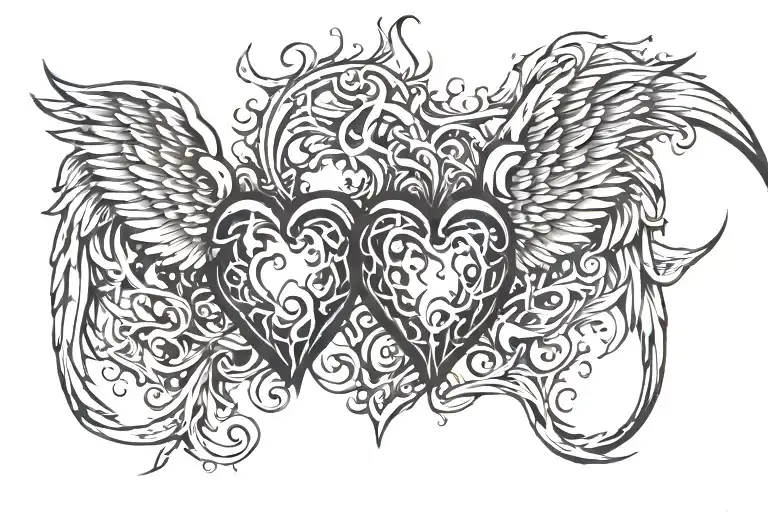 heart in flame and phoenix wings tattoo design idea