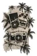 polaroid picture collage with compass, plane, map, and palm trees  tattoo design idea