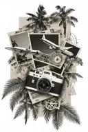 polaroid picture collage with compass, plane, map, and palm trees  tattoo design idea