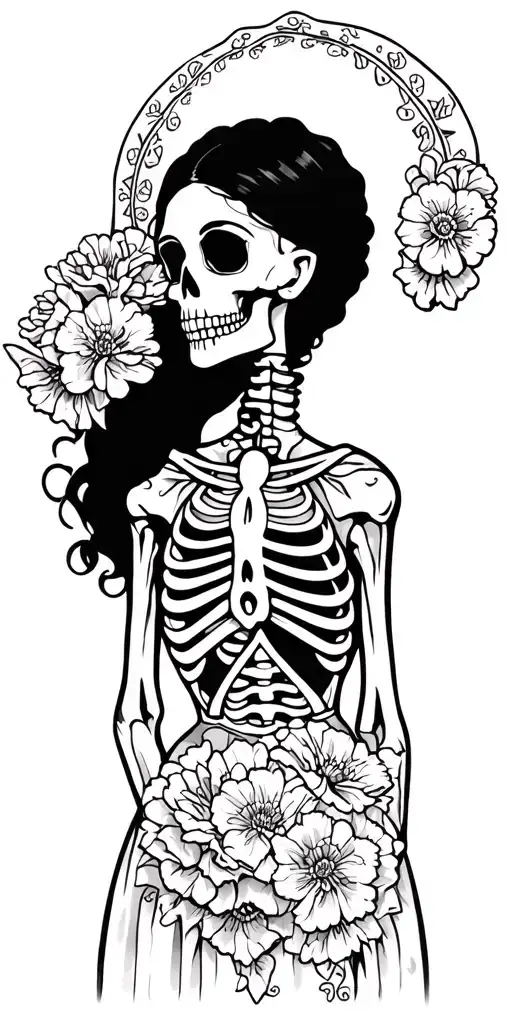 Mexican woman skeleton in dress with carnations tattoo design idea