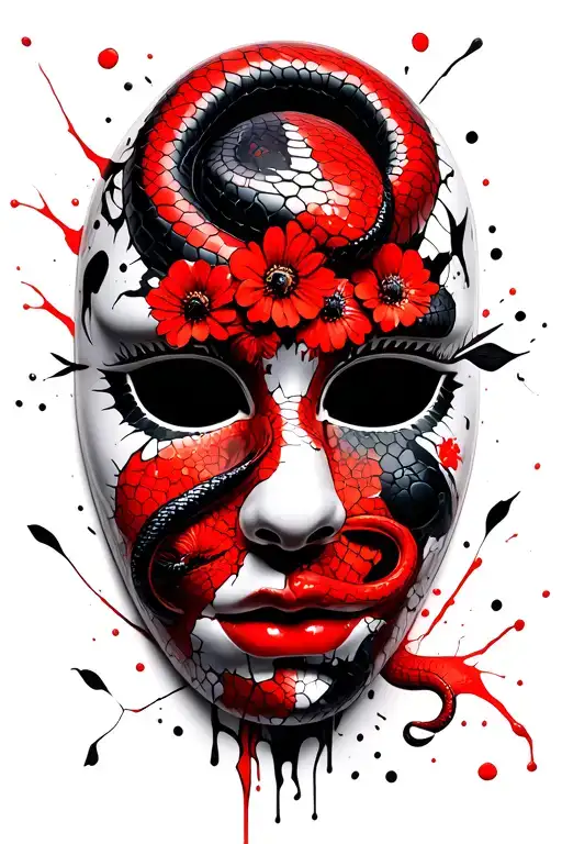 snake in and out of a cracked porcelain mask with flowers and shapes and lines surrounding  tattoo design idea