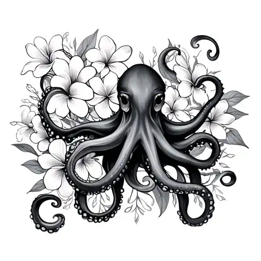 Octopus and other sea creatures in plumeria flower tattoo sleeve tattoo design idea