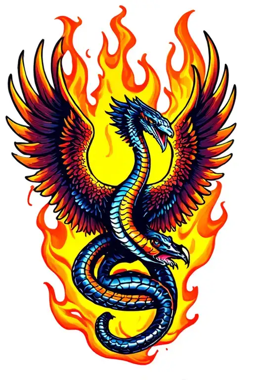 cobra with phoenix wings rising from flames tattoo design idea