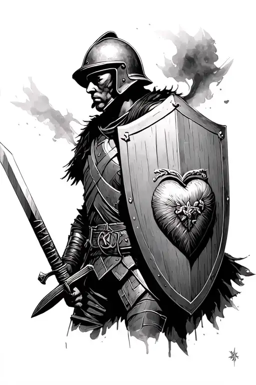 Hello, I want a tattoo sketch, a soldier on guard with a shield and sword and helmet, but instead of a heart, there shou tattoo design idea