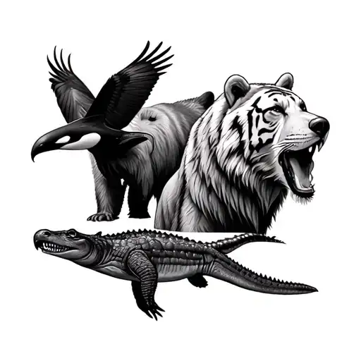 eagle, orca, lion, grey wolf, tiger, brown bear, saltwater crocodile, qnd polar bear collage tattoo design idea