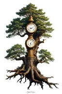Half Dead half alive tree with compas and clock tattoo design idea