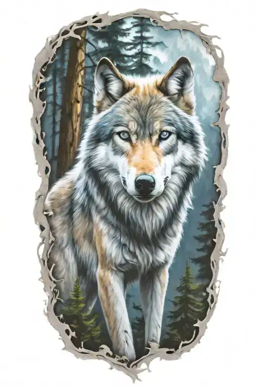 wolf blue eyes forest landscape tattoo design idea