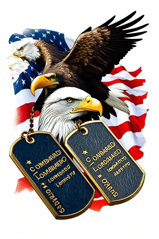2 army dog tags both saying lombardi hanging from bald eagle with flag behind eagle tattoo design idea