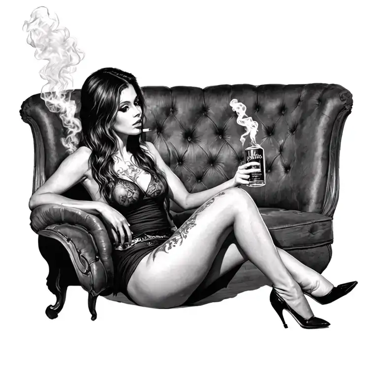 sexy woman sitting alcohol smokes tattoo design idea