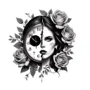 two face woman with 2 clocks and roses tattoo design idea