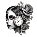 two face woman with 2 clocks and roses tattoo design idea