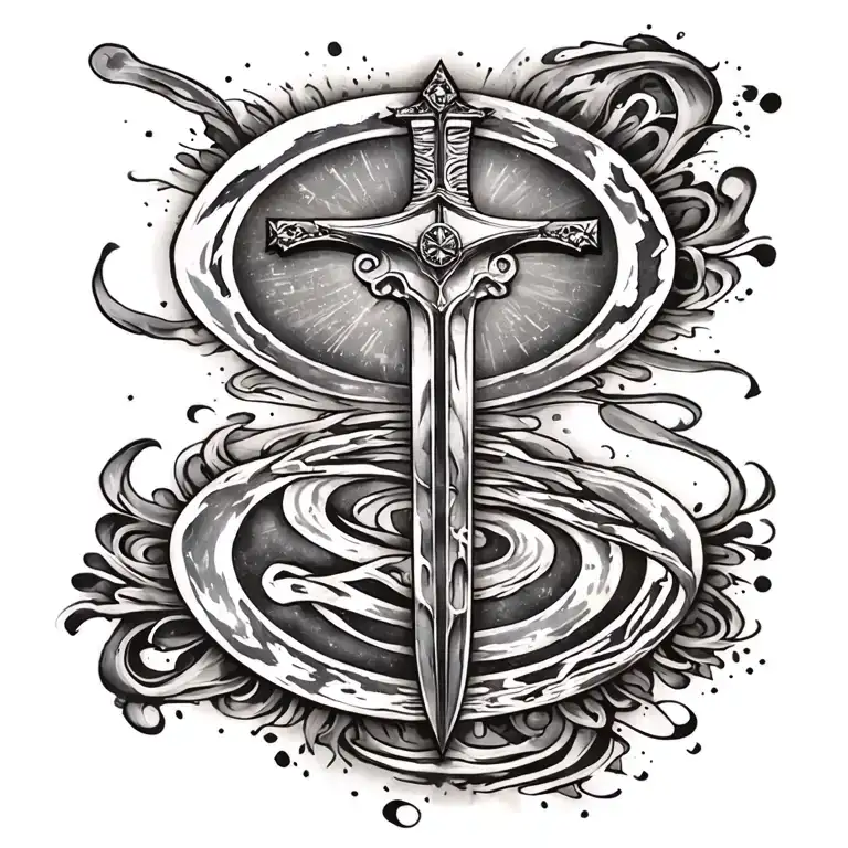 sword ; back ground christian cross aura ; enso circle with france flag colors ; balance tattoo design idea
