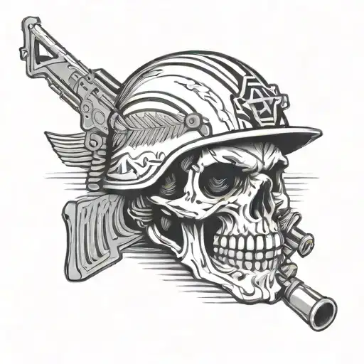 Skull in a military helmet with a chevron of the Russian flag with a Kalashnikov assault rifle in body kits with an inscription around the circle tattoo design idea