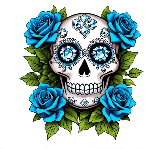 sugar skull with diamonds on eyes and blue roses on each sides tattoo design idea