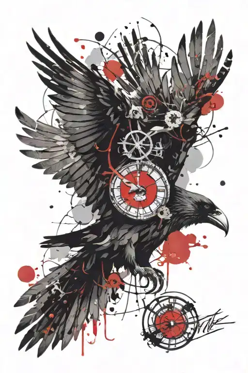 A majestic flying raven holding a clock tattoo design idea