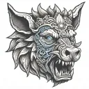 boar head on armor wearing a crown with blue eyes mouth open and tusks showing tattoo design idea