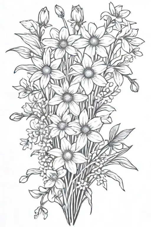 daisies and daffodils with cherry blossoms, snow drops, violets, greenery stems bouquet  tattoo design idea