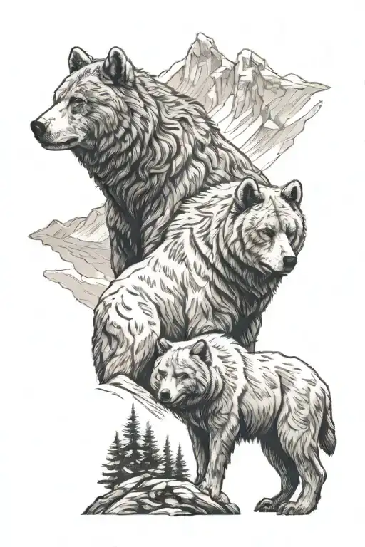 brown bear and wolf in the mountains tattoo design idea