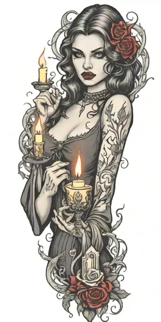 multiple vampire blood women candle burning cemetary background tattoo design idea