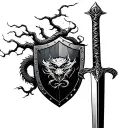 tree, sword, shield and lucky dragon wrapped tattoo design idea