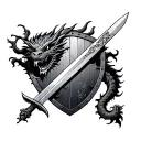 tree, sword, shield and lucky dragon wrapped tattoo design idea