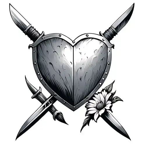 tattoo of a shield in the shape of a heart. place swords across it and replace one sword with a flower tattoo design idea