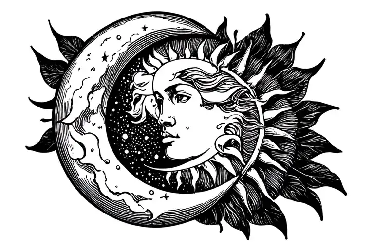 Sun wrapped around moon tattoo design idea