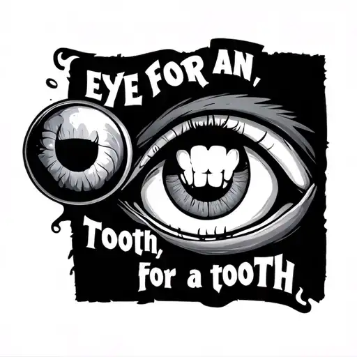 quote "eye for an eye, tooth for a tooth" with one eyeball and one tooth tattoo design idea