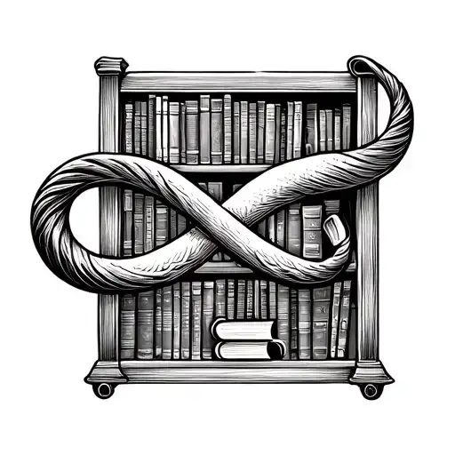 An intricate infinity symbol intertwined with a bookshelf filled with learning materials like books and scrolls tattoo design idea