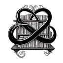 An intricate infinity symbol intertwined with a bookshelf filled with learning materials like books and scrolls tattoo design idea