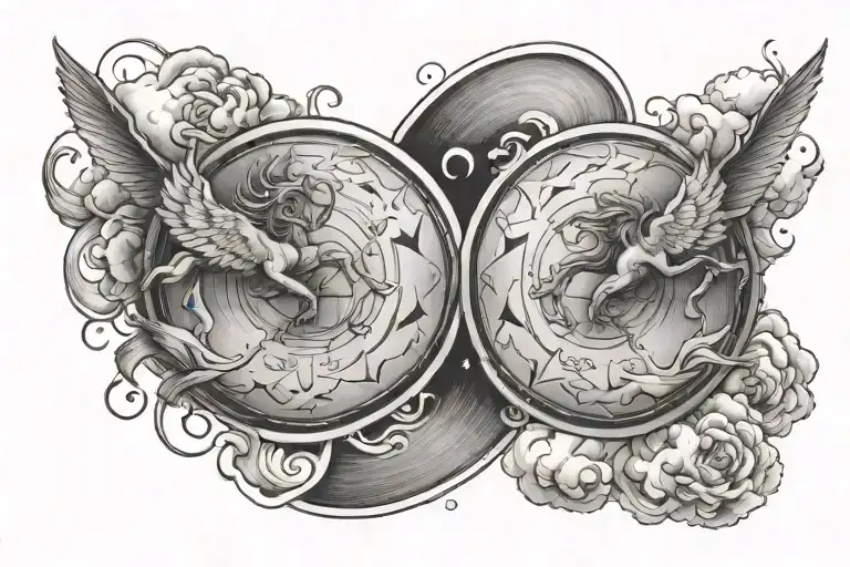 Sagittarius and Pisces astrological sign arm tattoo. date of December 5, 2023. two sons. clouds. s & a tattoo design idea