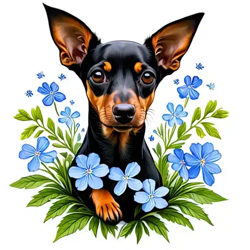 Miniature Pinscher surrounded by forget me not flowers tattoo design idea