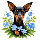 Miniature Pinscher surrounded by forget me not flowers tattoo design idea