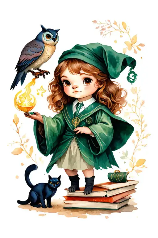 I want stitch dressed in as a Slytherin and is casting magic, with an owl, a black cat, and books tattoo design idea